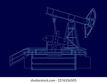 Blue drawing of a pump jack outline. The drawing is in blue and is very detailed