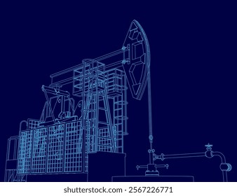 Blue drawing of a pump jack. The drawing is of a pump jack that is in the process of pumping oil. The drawing is very detailed and shows the different parts of the pump jack