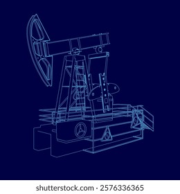 Blue drawing of a pump jack. The drawing is in blue and is very detailed