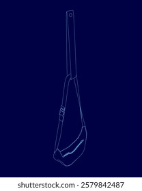 Blue drawing of a purse with a handle. The purse is shown in a stylized way, with the handle being the main focus. Concept of simplicity and minimalism