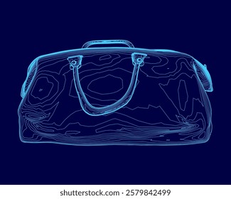 Blue drawing of a purse with a blue handle. The purse is shown in a stylized way, with the handle and the bag itself being the main focus. The image has a modern and artistic feel to it