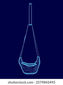 Blue drawing of a purse hanging from a hook. The purse is made of a clear material and has a blue strap. The image has a calm and serene mood, as the purse is suspended in mid-air