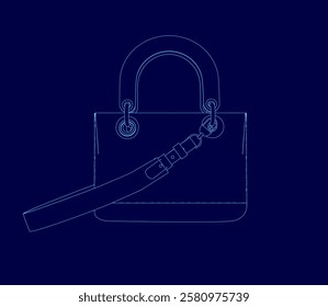 A blue drawing of a purse with a strap. The strap is attached to the purse and is shown in detail