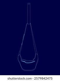 Blue drawing of a purse with a strap hanging down. The purse is shown in a blue drawing