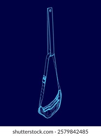 Blue drawing of a purse with a strap hanging off of it. The purse is being held by a person, but the strap is not attached to the purse