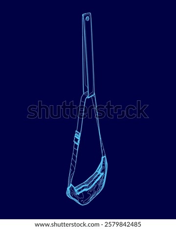 Blue drawing of a purse with a strap hanging off of it. The purse is being held by a person, but the strap is not attached to the purse