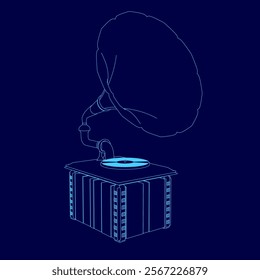 Blue drawing of a record player with a record on it. The record player is a vintage model and the record. Scene is nostalgic and classic