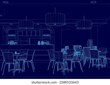 Blue drawing of a restaurant with tables and chairs. The chairs are arranged in rows and the tables are empty. Scene is calm and inviting