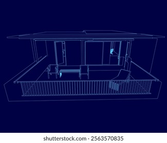 Blue drawing of a room with a couch and a chair. The room is empty and the furniture is not visible