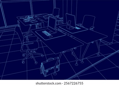 Blue drawing of a room with a desk and chairs. The chairs are empty and the desk has a laptop and a briefcase. The room appears to be a workspace or office