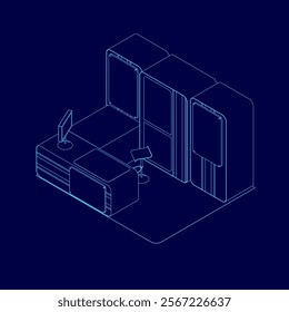Blue drawing of a room with a desk and a computer. The desk has a keyboard and a mouse. There is a laptop on the desk. A chair is in front of the desk