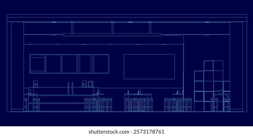 Blue drawing of a room with a kitchen and a dining area. The kitchen has a sink, a refrigerator, and a stove. The dining area has a table and chairs