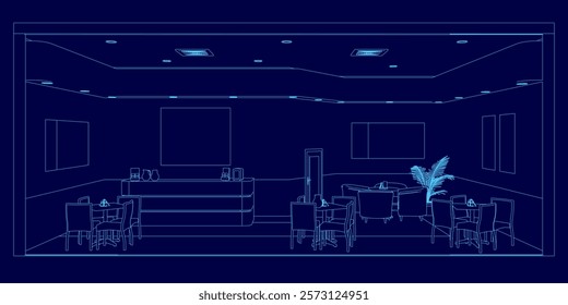 Blue drawing of a room with a large table and chairs. The room is empty and has a modern design