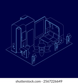 Blue drawing of a room with a table and chairs. The room is empty and has a modern design