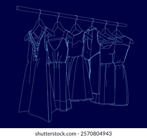 Blue drawing of a row of clothes hanging on a clothesline. The clothes are all different colors and styles, and the clothesline is long enough to hold all of them