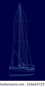 Blue drawing of a sailboat with a blue background. The sailboat is drawn in a stylized way, with lines and shapes that give it a futuristic appearance. Scene is one of wonder and excitement