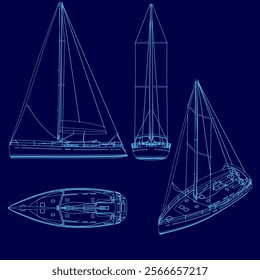 Blue drawing of a sailboat with a blue background. The sailboat is shown in different positions, with the top of the sailboat being the most prominent