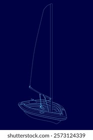 Blue drawing of a sailboat with a blue background. The sailboat is shown in a very detailed manner, with the lines of the sail and the hull of the boat clearly visible