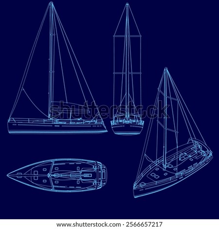 Blue drawing of a sailboat with a blue background. The sailboat is shown in different positions, with the top of the sailboat being the most prominent