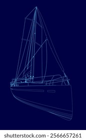Blue drawing of a sailboat. The sailboat is shown in a blue background