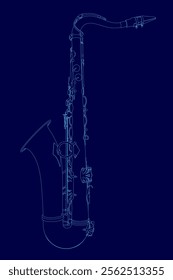 Blue drawing of a saxophone with a blue outline. The saxophone is shown in a stylized way