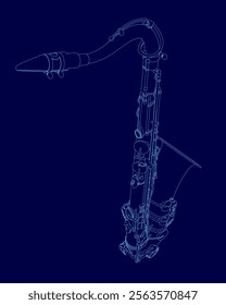 Blue drawing of a saxophone. The saxophone is shown in a stylized way, with the blue and white colors creating a sense of depth and dimension. The drawing conveys a sense of movement