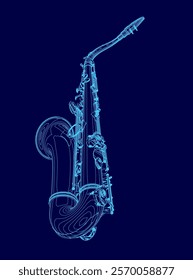 Blue drawing of a saxophone. The saxophone is shown in a stylized way, with a blue background and lines. Scene is calm and serene, as the saxophone is the main focus