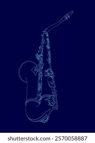 Blue drawing of a saxophone. The saxophone is shown in a stylized way, with the blue background emphasizing the instrument. Scene is calm and serene, as the saxophone is the main focus