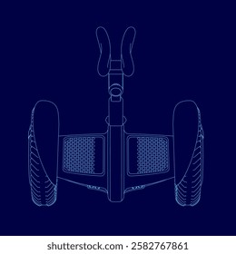 A blue drawing of a scooter. The drawing is of a close up of the scooter, showing the wheels and the handlebars. Scene is futuristic and sleek