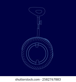 A blue drawing of a scooter. The drawing is of a close up of the wheel of the scooter