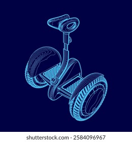 A blue drawing of a scooter. The drawing is in blue and is very detailed