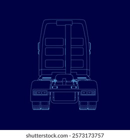 Blue drawing of a semi truck. The truck is a semi truck and is shown from the blue. Back view