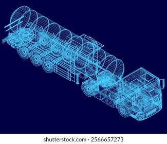 Blue drawing of a semi truck with a blue trailer. The drawing is in a blue color scheme, giving it a clean and modern look