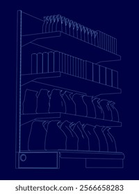 Blue drawing of a shelf with many bottles and bags on it. The shelf is three levels high and the bottles are arranged in rows. Scene is calm and organized