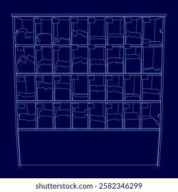 A blue drawing of a shelf with many compartments. The compartments are labeled with numbers and letters