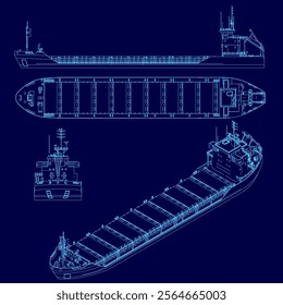 Blue drawing of a ship with a blue background. The ship is shown in three different views, with the top view showing the top of the ship and the bottom view showing the bottom of the ship