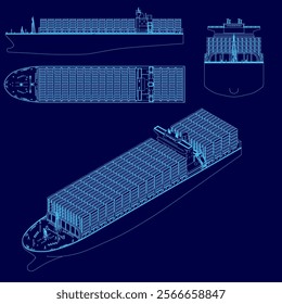 Blue drawing of a ship with a blue background. The ship is shown in three different views, with the top view showing the top of the ship and the bottom view showing the bottom of the ship