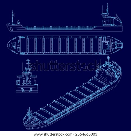 Blue drawing of a ship with a blue background. The ship is shown in three different views, with the top view showing the top of the ship and the bottom view showing the bottom of the ship