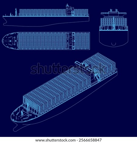 Blue drawing of a ship with a blue background. The ship is shown in three different views, with the top view showing the top of the ship and the bottom view showing the bottom of the ship