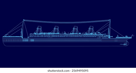 Blue drawing of a ship. The ship is a cruise ship and is shown in a very detailed manner