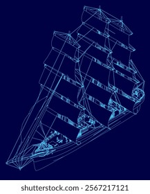 Blue drawing of a ship with sails. The ship is shown in a 3D format, with the sails and the hull of the ship clearly visible. Concept of adventure and exploration