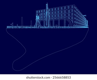 Blue drawing of a ship with a blue sky in the background. The ship is very tall and has a lot of containers