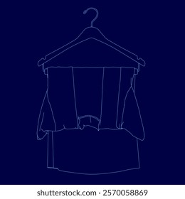 Blue drawing of a shirt hanging on a clothes hanger. The shirt is a dress shirt with a collar and a stripe down the center.