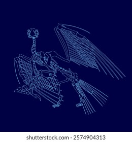 Blue drawing of a skeleton bird with a skull on its head. The skeleton is drawn in a way that it looks like it is flying