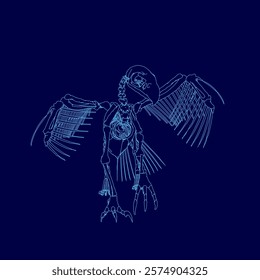 Blue drawing of a skeleton bird with its wings spread out. The skeleton is shown in a blue color scheme, which gives the image a futuristic and otherworldly feel