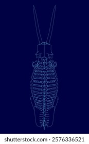 Blue drawing of a skeleton insect. The skeleton insect is shown from the back and has a blue and white color scheme. The insect has a long, thin body and a pair of long, thin antennae