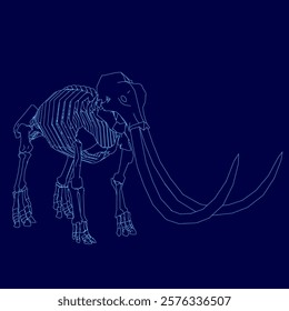 Blue drawing of a skeleton with a large tusk. Concept of mystery and intrigue, as the skeleton's tusk is a symbol of ancient history and the unknown