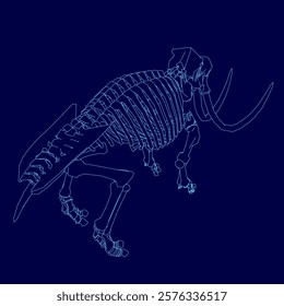 Blue drawing of a skeleton with a large tusk. The skeleton is shown in a blue background