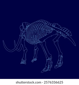 Blue drawing of a skeleton with a large tusk. The skeleton is drawn in a stylized way, with the tusk extending out of the body. Concept of mystery and intrigue