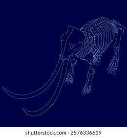 Blue drawing of a skeleton with a long tusk. Concept of mystery and intrigue, as the viewer is left to imagine the story behind the skeleton and its tusk